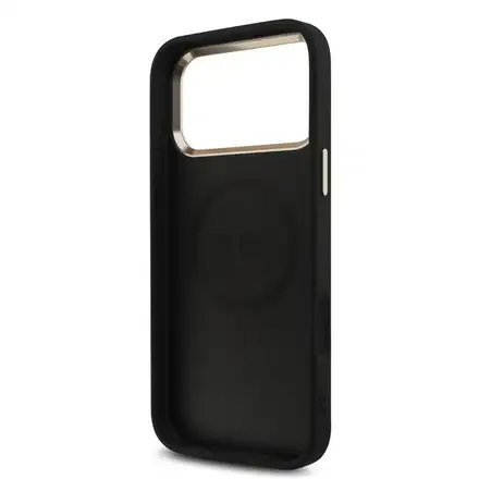 Guess PU Leather 4G Strass Triangle Logo Gold Frame MagSafe kryt iPhone 18 Pro čierny