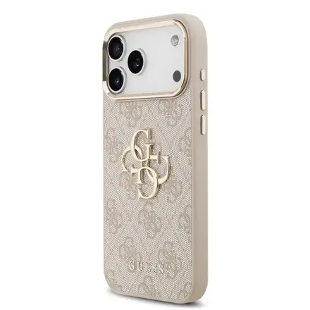 Guess PU Leather 4G Metal Logo Gold Frame kryt iPhone 17 Pro Max ružový