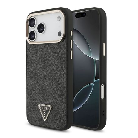 Guess PU Leather 4G Strass Triangle Logo Gold Frame MagSafe kryt iPhone 18 Pro Max čierny