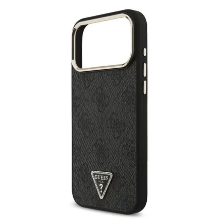 Guess PU Leather 4G Strass Triangle Logo Gold Frame MagSafe kryt iPhone 18 Pro Max čierny