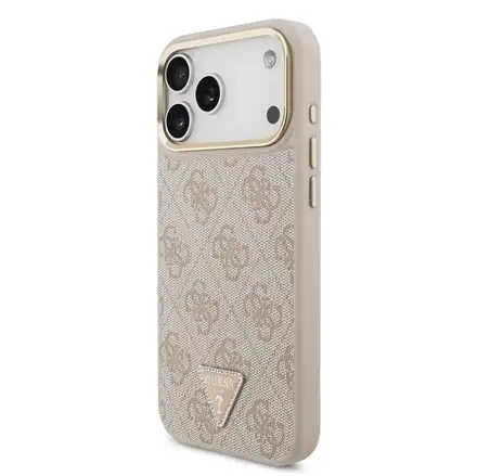 Guess PU Leather 4G Strass Triangle Logo Gold Frame MagSafe kryt iPhone 18 Pro ružový