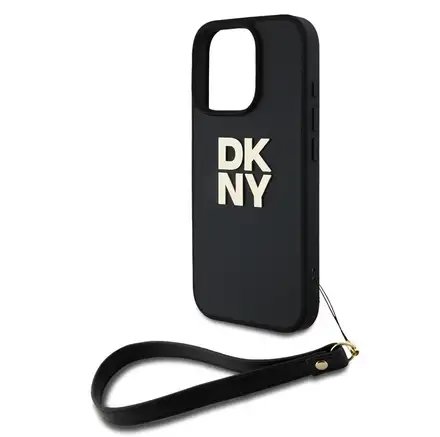 DKNY PU Leather Stack Logo Wrist Strap kryt iPhone 16 Pro čierny
