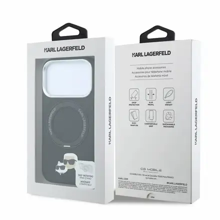 Karl Lagerfeld PU Grained K&CH Heads Ring Stand Magsafe kryt iPhone 18 Pro Max čierna