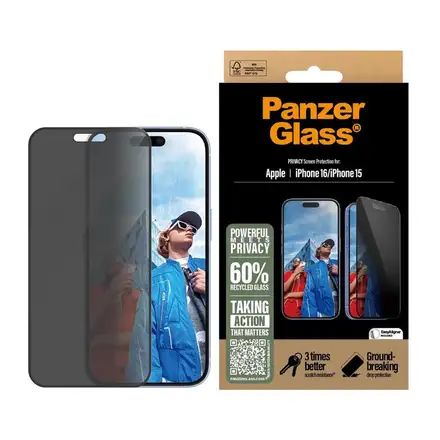 PanzerGlass ochranné sklo UWF Privacy pre iPhone 16/15 - Black Frame