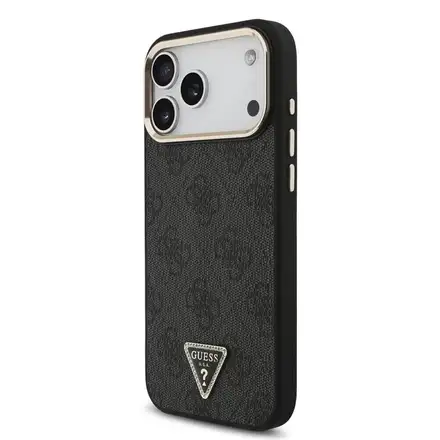 Guess PU Leather 4G Strass Triangle Logo Gold Frame MagSafe kryt iPhone 18 Pro čierny