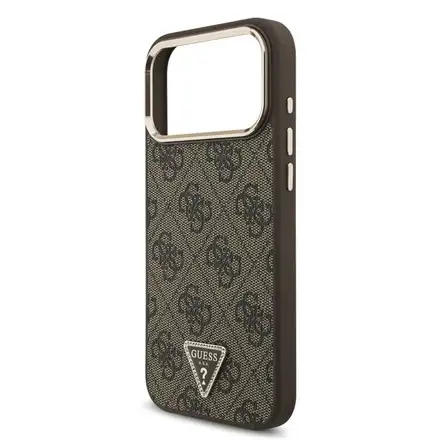 Guess PU Leather 4G Strass Triangle Logo Gold Frame MagSafe kryt iPhone 18 Pro hnedý