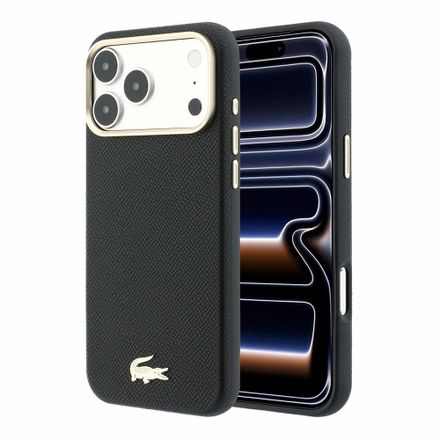 Lacoste PU Leather Champs Elysees Gold Logo MagSafe kryt iPhone 18 Pro Max čierny