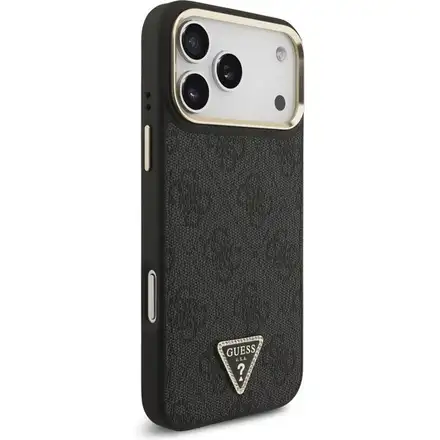 Guess PU Leather 4G Strass Triangle Logo Gold Frame MagSafe kryt iPhone Pro Max 17 čierny