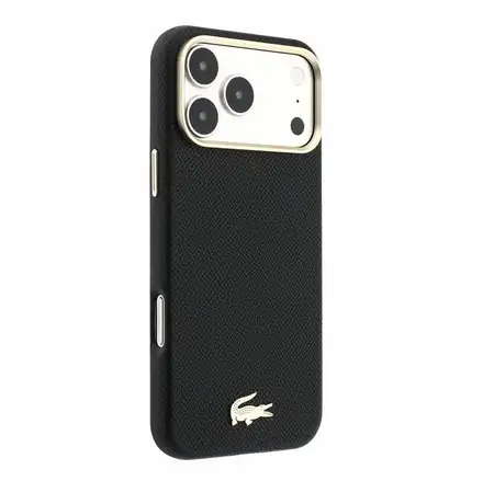 Lacoste PU Leather Champs Elysees Gold Logo MagSafe kryt iPhone 18 Pro čierny