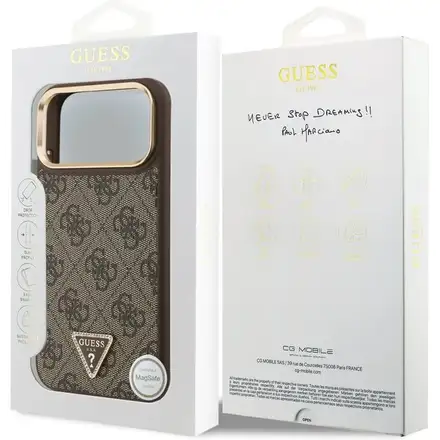 Guess PU Leather 4G Strass Triangle Logo Gold Frame MagSafe kryt iPhone 17 Pro Max hnedý