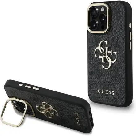 Guess PU 4G Metal Logo Stand Camera Frame kryt iPhone 16 Pro čierny