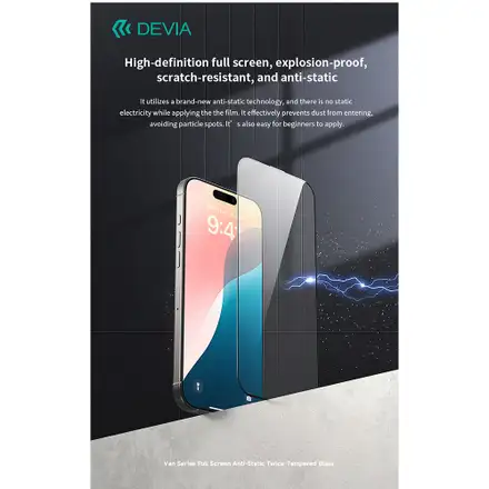 Devia ochranné sklo Van Series Anti-Static pre iPhone 16 Pro Max - Black Frame
