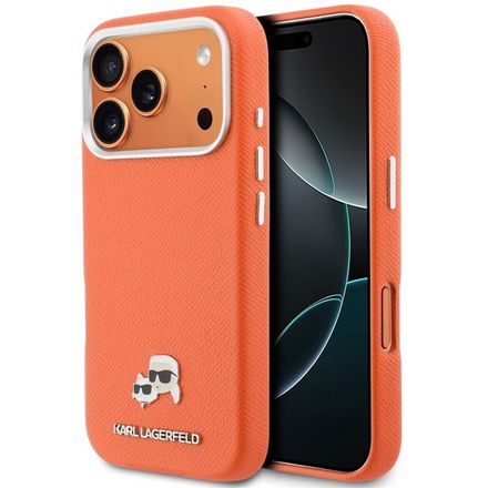 Karl Lagerfeld PU Karl and Choupette Heads Pins MagSafe kryt iPhone 17 Pro oranžový
