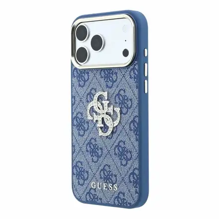 Guess PU 4G Strass Metal Logo kryt iPhone 18 Pro Max modrý