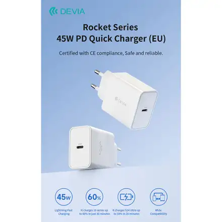Devia sieťová nabíjačka Rocket Series PD Quick Charger 45W + Cable - White