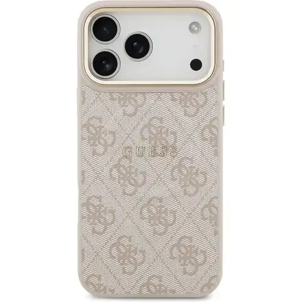 Guess PU Leather 4G Strass Triangle Logo Gold Frame MagSafe kryt iPhone 17 Pro Max ružový