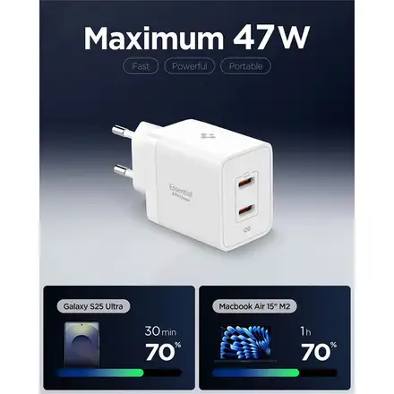Spigen sieťová nabíjačka Essential EE472 Dual USB-C 47W - White