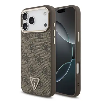Guess PU Leather 4G Strass Triangle Logo Gold Frame MagSafe kryt iPhone 18 Pro Max hnedý