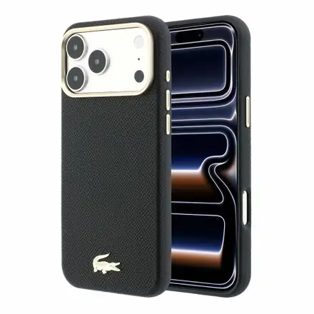 Lacoste PU Leather Champs Elysees Gold Logo MagSafe kryt iPhone 18 Pro Max čierny