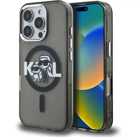 Karl Lagerfeld IML Glitter Karl and Choupette Sketch MagSafe kryt iPhone 16 Pro čierny