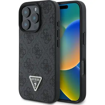 Guess PU 4G Strass Triangle Metal Logo kryt iPhone 16 Pro čierny