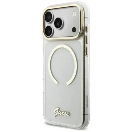 Guess IML Glitter Script Strap MagSafe kryt iPhone 17 Pro Max biely
