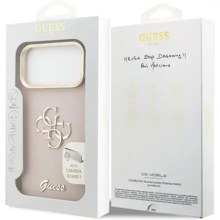 Guess PU Grained 4G Logo Stand Camera Frame kryt iPhone 17 Pro Max ružový