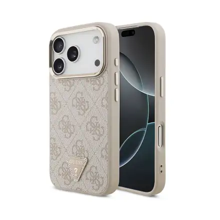 Guess PU Leather 4G Strass Triangle Logo Gold Frame MagSafe kryt iPhone 18 Pro ružový