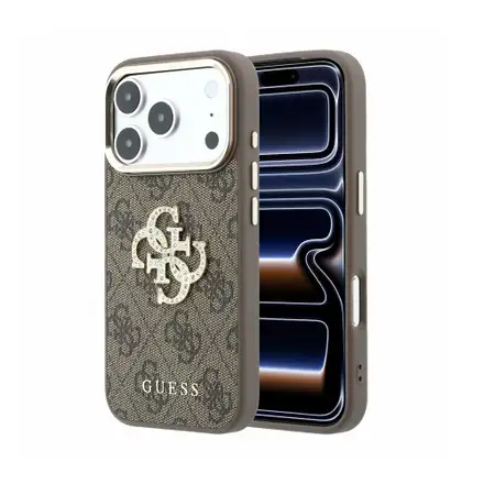 Guess PU 4G Strass Metal Logo kryt iPhone 18 Pro hnedý