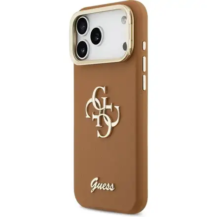 Guess PU Grained 4G Logo Stand Camera Frame kryt iPhone 17 Pro Max hnedý