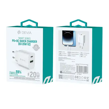 Devia sieťová nabíjačka Smart Series PD& QC 20W V2 - White