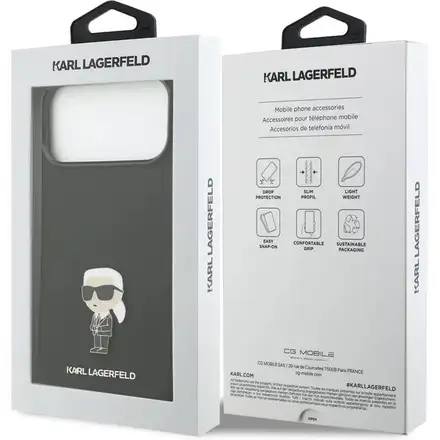 Karl Lagerfeld Liquid Silicone Metal Ikonik kryt iPhone 17 Pro čierny