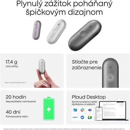 PLAUD Note Pin S Silver - AI hlasový záznamník + náramok a šnúrka na krk