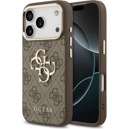 Guess PU Leather 4G Metal Logo Gold Frame kryt iPhone 17 Pro Max hnedý
