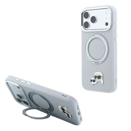 Karl Lagerfeld PU Grained K&CH Heads Ring Stand Magsafe kryt iPhone 18 Pro Max šedá