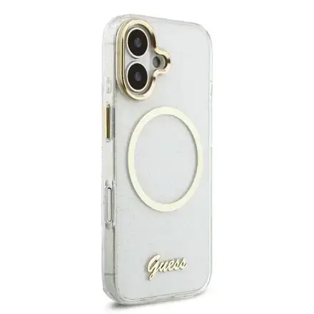 Guess IML Glitter Script Strap MagSafe kryt iPhone 17 biely