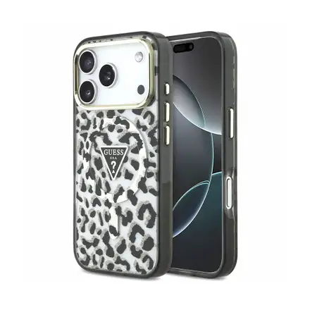 Guess IML Glitter Leopard Triangle Logo MagSafe kryt iPhone 18 Pro čierny