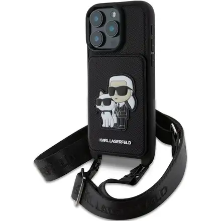 Karl Lagerfeld Saffiano Crossbody Popruh Metal Karl and Choupette kryt iPhone 16 Pro čierny