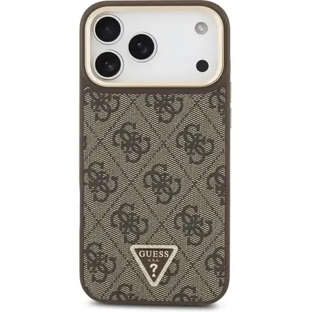 Guess PU Leather 4G Strass Triangle Logo Gold Frame MagSafe kryt iPhone 17 Pro hnedý