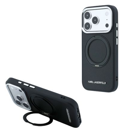 Karl Lagerfeld PU Saffiano Ring Stand MagSafe kryt iPhone 18 Pro čierny