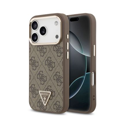 Guess PU Leather 4G Strass Triangle Logo Gold Frame MagSafe kryt iPhone 18 Pro hnedý