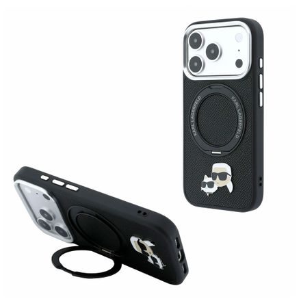 Karl Lagerfeld PU Grained K&CH Heads Ring Stand Magsafe kryt iPhone 18 Pro čierny
