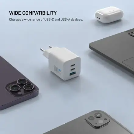 FIXED GaN Mini Sieťová nabíjačka s 2xUSB-C a USB výstupom a podporou PD, 100W, biela