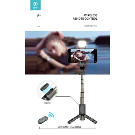 Devia Tripod Stand Multi-function Selfie Bar With Fill-In Light - Black