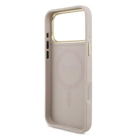 Guess PU Leather 4G Strass Triangle Logo Gold Frame MagSafe kryt iPhone 18 Pro ružový
