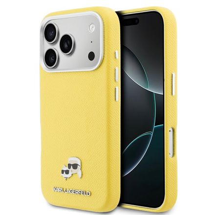 Karl Lagerfeld PU Karl and Choupette Heads Pins MagSafe kryt iPhone 17 Pro žltý