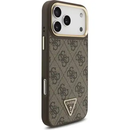 Guess PU Leather 4G Strass Triangle Logo Gold Frame MagSafe kryt iPhone 17 Pro Max hnedý