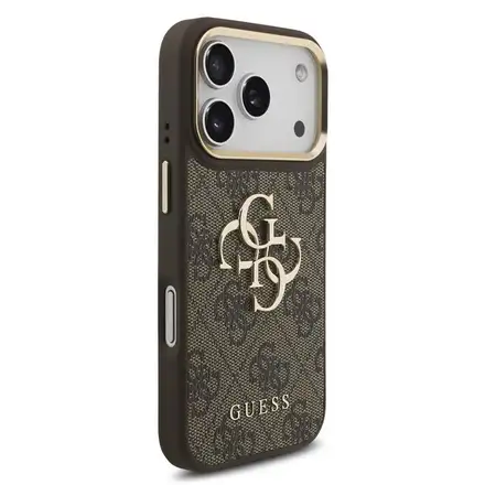 Guess PU Leather 4G Metal Logo Gold Frame kryt iPhone 18 Pro hnedý