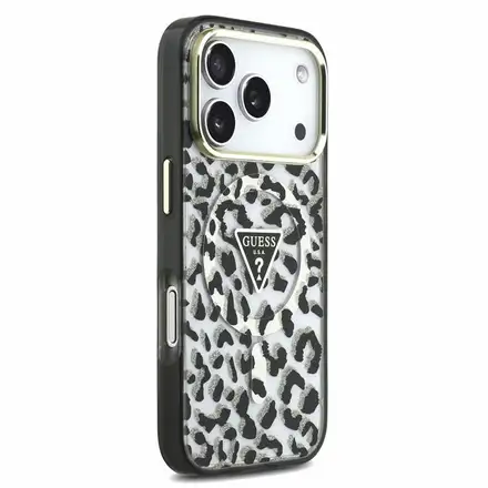 Guess IML Glitter Leopard Triangle Logo MagSafe kryt iPhone 18 Pro čierny