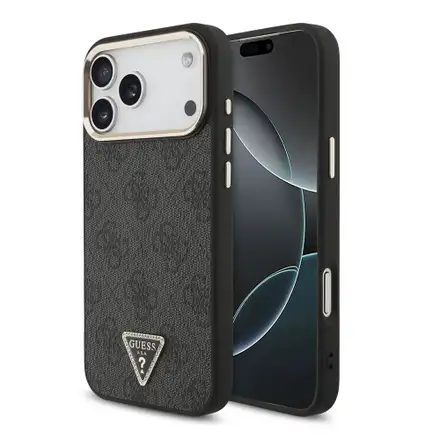 Guess PU Leather 4G Strass Triangle Logo Gold Frame MagSafe kryt iPhone 18 Pro Max čierny
